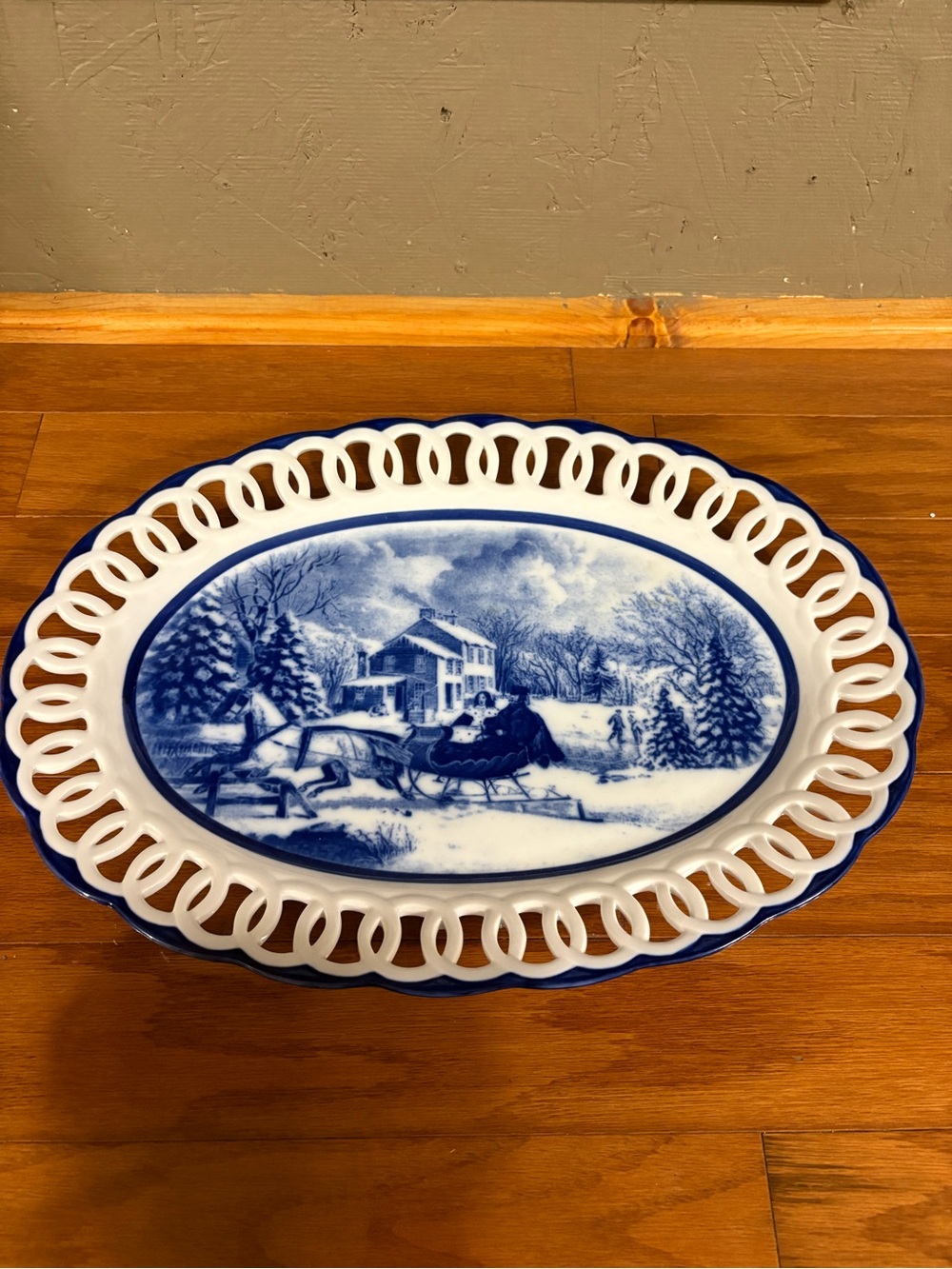 Vintage Cracker Barrel blue and white winter scene platter